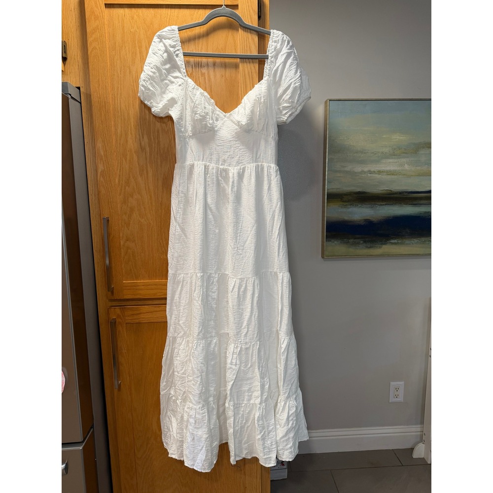 Lulus White Textured Cotton Puff Sleeve Tiered Maxi Dress Sweetheart Neckline